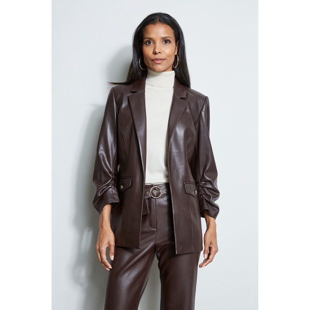 T-Tahari Vegan Leather Ruched Sleeve Blazer Size 14 - Picture 2 of 15